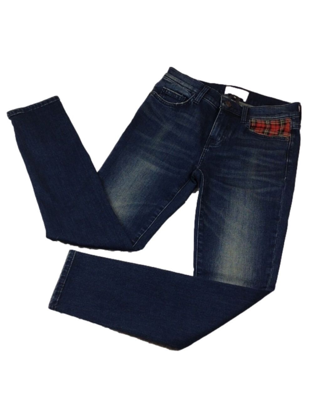 Current/Elliot Blue Dark Wash Zip Up Mid Rise Plaid Detail Straight Leg Jean